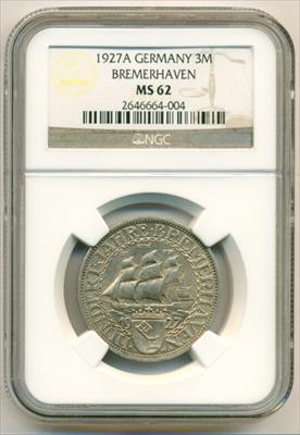 Germany Weimar Republic Silver 1927 A 3 Mark Bremerhaven Anniversary MS62 NGC