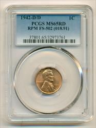 1942 D/D Lincoln Wheat Cent RPM FS-502 MS65 RED PCGS