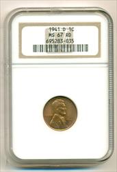 1941 D Lincoln Wheat Cent MS67 RED NGC