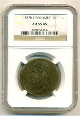 French Colonies 1827 H 10 Centimes AU55 BN NGC