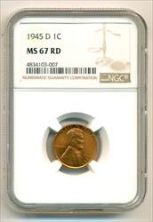 1945 D Lincoln Wheat Cent MS67 RED NGC