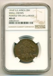 German East Africa 1916 T 20 Heller Brass Small Crown - Pointed Tips on L's MS63 NGC
