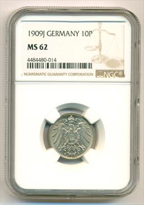 Germany Empire 1909 J 10 Pfennig MS62 NGC