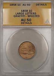 1858 Flying Eagle 1C Coin Large Letters Graffiti Whizzed ANACS  Detail