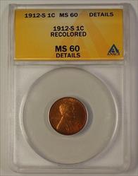 1912-S US Lincoln Wheat Penny 1c Coin ANACS  Details Recolored (Better)