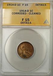 1914-D Lincoln Wheat Cent 1c Coin ANACS  Details Corroded-Cleaned