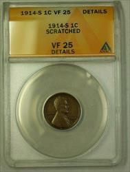 1914-S Lincoln Wheat Cent 1c ANACS  Details Scratched (WW)