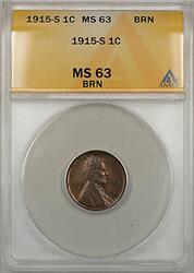 1915-S Lincoln Wheat Penny 1C Coin ANACS  BRN (Better Coin RM)
