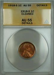 1918-S Lincoln Wheat Cent 1c Coin ANACS  Details Cleaned ETR