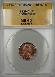 1929-D Lincoln Wheat 1C Coin ANACS  Recolored Details (Better Coin RM)