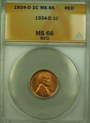 1934-D Lincoln Wheat Cent Penny 1c Coin ANACS  Red (WW) D