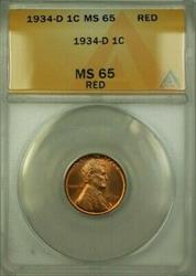1934-D Lincoln Wheat Cent Penny 1c Coin ANACS  Red (WW) J