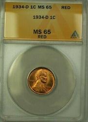1934-D Lincoln Wheat Cent Penny 1c Coin ANACS  Red (WW) O