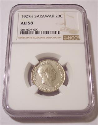 Sarawak (Malaysia) Charles V Brooke 1927 H Silver 20 Cents AU58 NGC