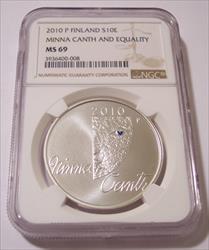 Finland 2010 P Silver 10 Euro Minna Canth and Equality MS69 NGC Low Mintage
