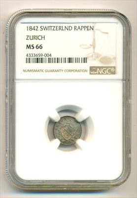 Switzerland - Zurich 1842 Rappen MS66 NGC