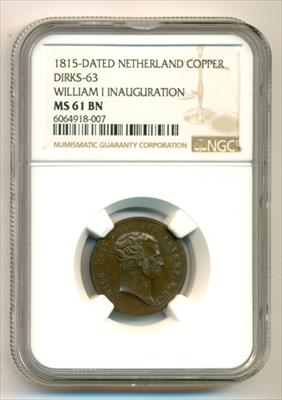 Netherlands 1815-Dated William I Inauguration Medal Dirks-63 Copper MS61 BN NGC