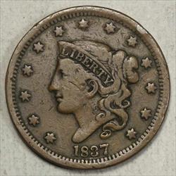 1837 Coronet Head Large Cent, Head of 1838, Fine+, Nice Type 