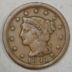 1847 Braided Hair Large Cent, Fine, Original Type Coin