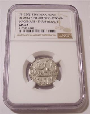 India Bombay Presidency - Poona Nagphani - Shah Alam II 1829 Silver Rupee MS62 NGC