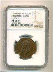 Great Britain 1794 1/2 Penny Conder Token Middlesex - Hardy D&H-1026 MS63 BN NGC