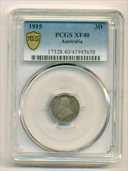 Australia George V 1915 Silver 3 Pence XF40 PCGS Toned