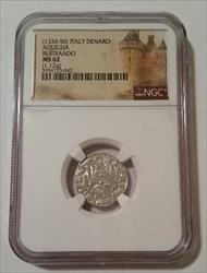Italy - Middle Ages - Aquileia Bertrando 1334-50 Silver Denaro MS62 NGC