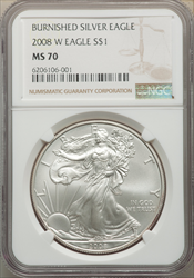 2008-W S$1 Silver Eagle Burnished SP Modern Bullion Coins NGC MS70