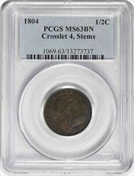 1804 Half Cent Crosslet 4 Stems MS63BN PCGS