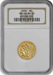 1908 $5 Gold Indian MS62 NGC