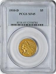 1910-D $5 Gold Indian EF45 PCGS