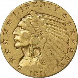 1911 $5 Gold Indian VF Uncertified #1152