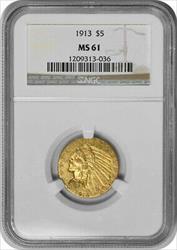 1913 $5 Gold Indian MS61 NGC