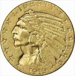 1913-S $5 Gold Indian AU58 Uncertified #1158