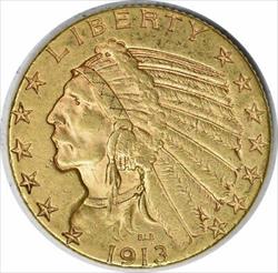 1913-S $5 Gold Indian AU58 Uncertified #1159