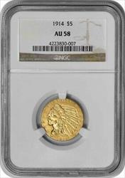 1914 $5 Gold Indian AU58 NGC