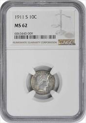 1911-S Barber Silver Dime MS62 NGC