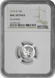 1916-D Mercury Silver Dime (UNC Details - Cleaned) NGC