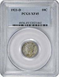 1921-D Mercury Silver Dime EF45 PCGS