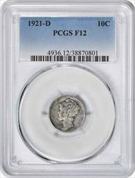 1921-D Mercury Silver Dime F12 PCGS