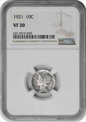 1921 Mercury Silver Dime VF30 NGC