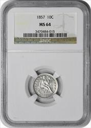 1857 Liberty Seated Silver Dime MS64 NGC