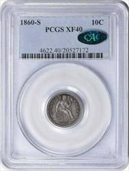 1860-S Liberty Seated Silver Dime EF40 PCGS (CAC)
