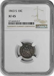1863-S Liberty Seated Silver Dime EF45 NGC