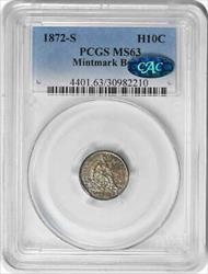 1872-S Liberty Seated Silver Half Dime Mintmark Below MS63 PCGS (CAC)