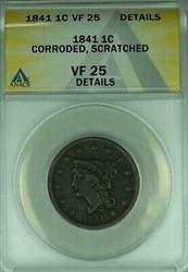 1841 Braided Hair Large Cent 1C Coin ANACS  Details Corroded-Scratched (42)