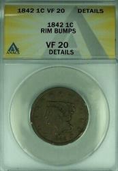 1842 Braided Hair Large Cent 1C Coin ANACS  Details Rim Bumps  (42)