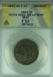 1843 Braided Hair Large Cent Petite Head/Sm Letters ANACS  Details Bent (42)