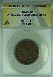 1845 Braided Hair Large Cent  ANACS  Details Damaged-Scratched-Bent   (42)