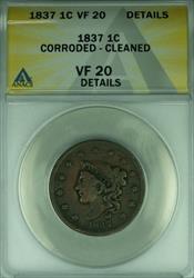 1837 Coronet Head Large Cent  ANACS  Details Corroded-Cleaned  (42A)
